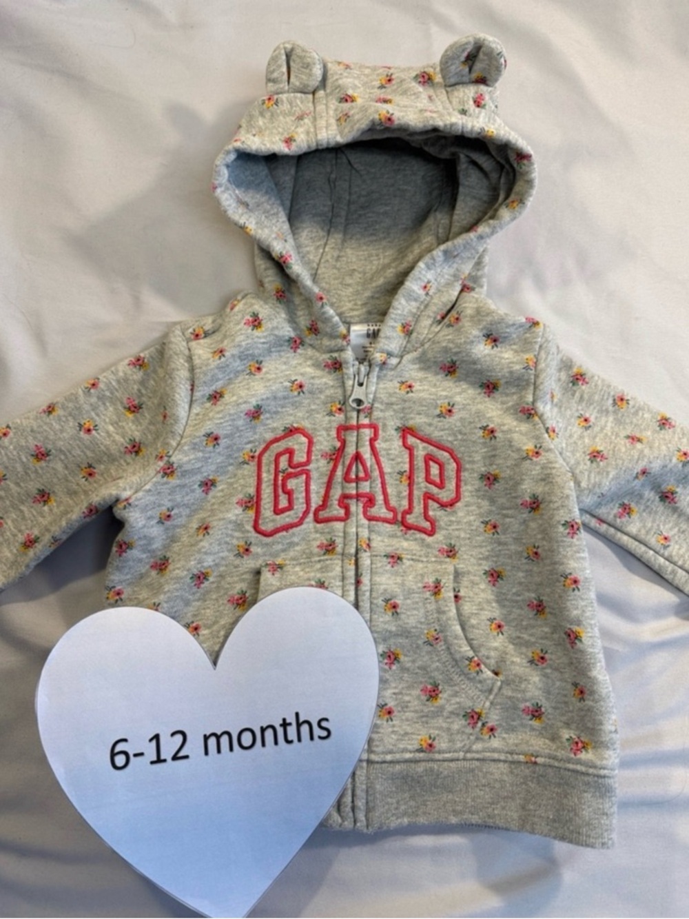 GAP Gray Hooded Baby Zip Sweatshirt with Pink Logo and Floral Print